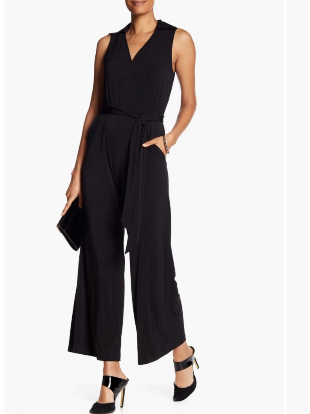 Nina Leonard Solid Tie Waist Black Jumpsuit